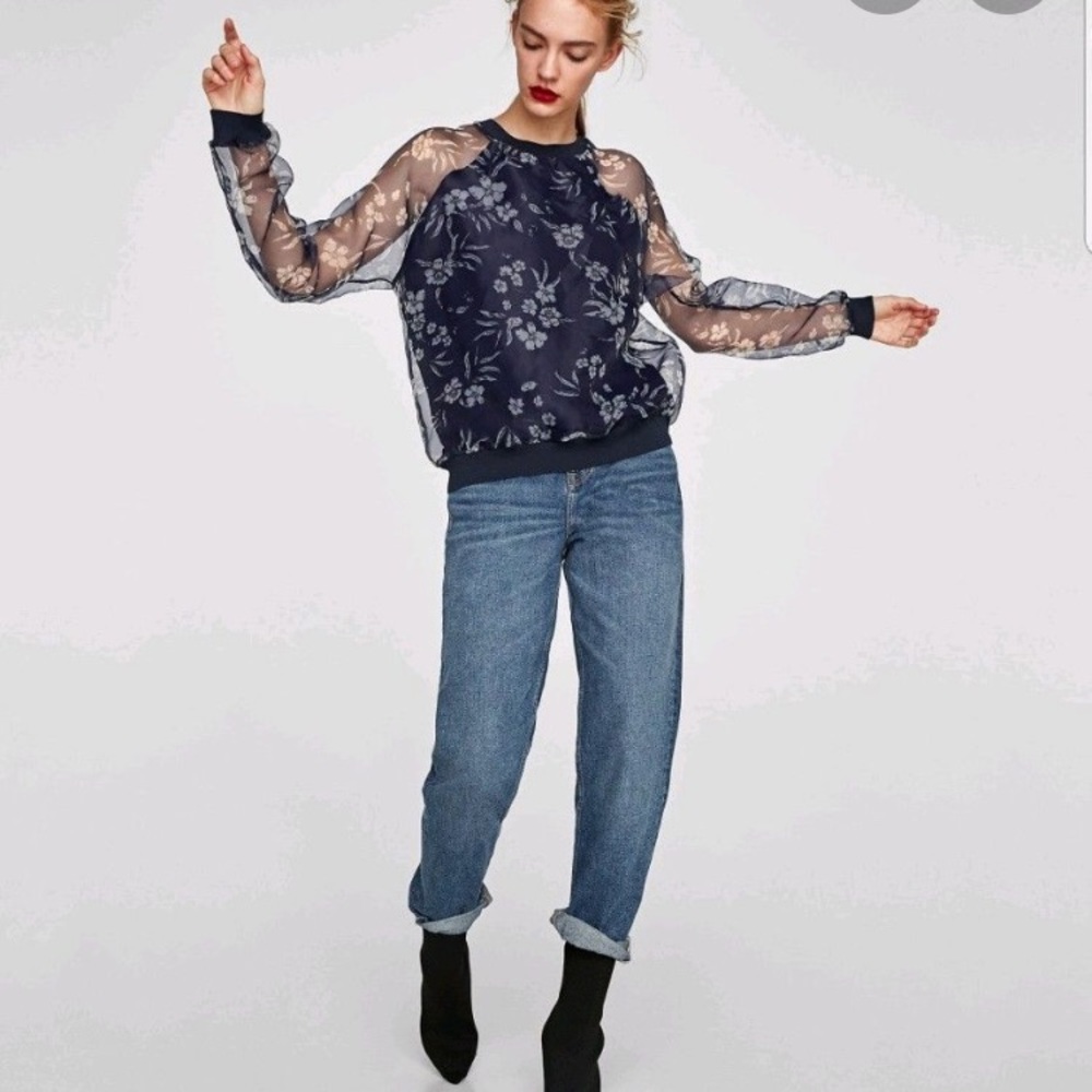 Zara navy sheer floral print sleeves sweater top